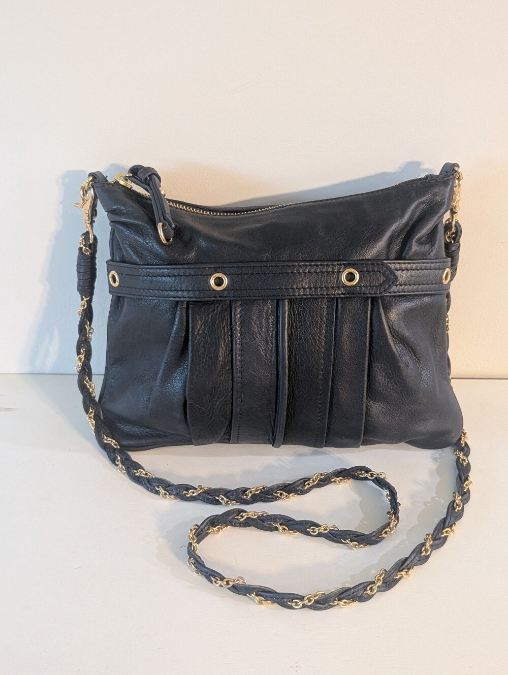 Vintage Real Leather Travel Preppy Crossbody Navy Blue Handbag W/ Chain Strap